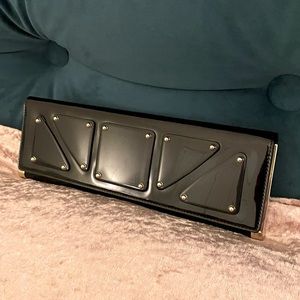 GUCCI Authentic Black Patent Leather Mirror Clutch with Gold-Tone Hardware.